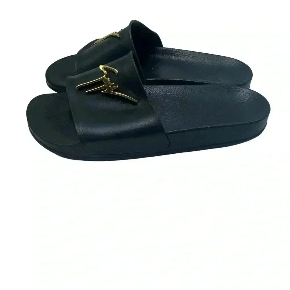 Giuseppe Zanotti Brett black leather Slide Sandal With gold Logo size 42